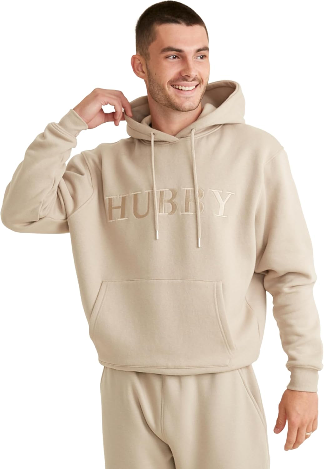 Six Stories | Hubby Embroidered Hoodie in Stone Beige | Soft & Cozy Fleece Pullover Loungewear Sweater