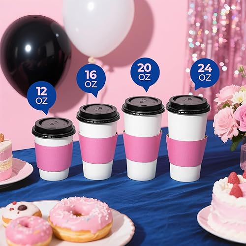 Miniatura 7 de Fit Meal Prep Paquete de 50 tazas de café desechables de 24 onzas con tapas y fundas rosas, a prueba de plomo, resistentes para llevar, tazas de
