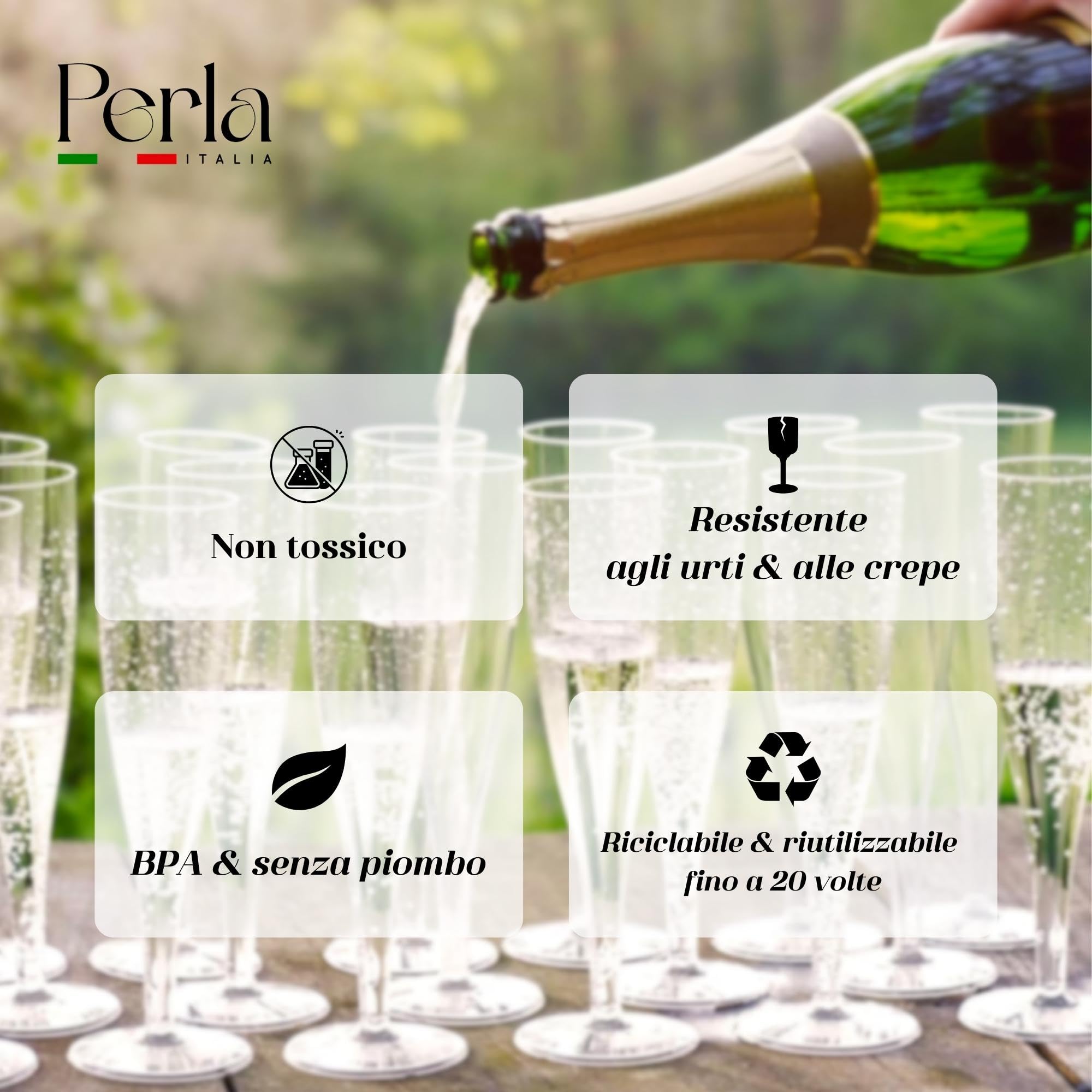Perla, 48 Flute da Champagne Eleganti in Plastica, 120ml, Trasparenti, Resistenti e Riutilizzabili, Bicchieri da Brindisi per Feste, Compleanni, Matrimoni, Natale, Capodanno