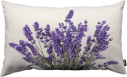TKS MITLAN Funda de cojín con diseño de flores de lavanda, funda de cojín de lino con flores moradas para sofá, cama, sofá, automóvil, 12 x 20