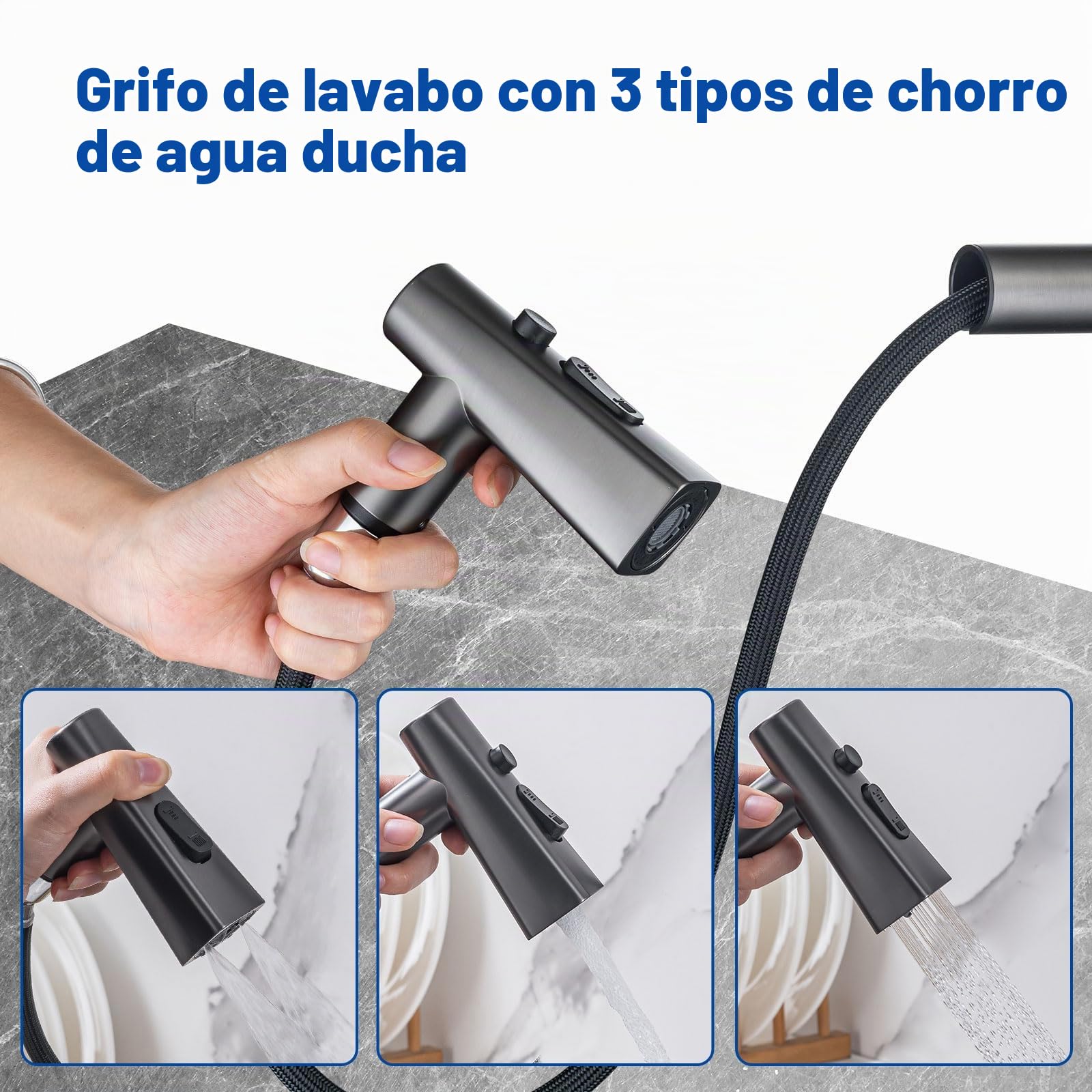 Grifo de Cocina Extraible Gris con Temperatura LED, 3 Modos de Salida Agu | Grifo Cocina LakeBayMZC Giratorio 360° con Temperatura LED, Grifo Monomando Para Cocina Con 3 Tipos de Chorro, Gris 360°