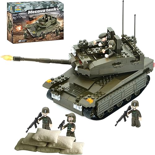 QLT - Juego de bloques de construcción de tanque militar tanque militar Merkava WW2 con 5 figuras de soldado regalo de juguetes para niños de 8 a 12
