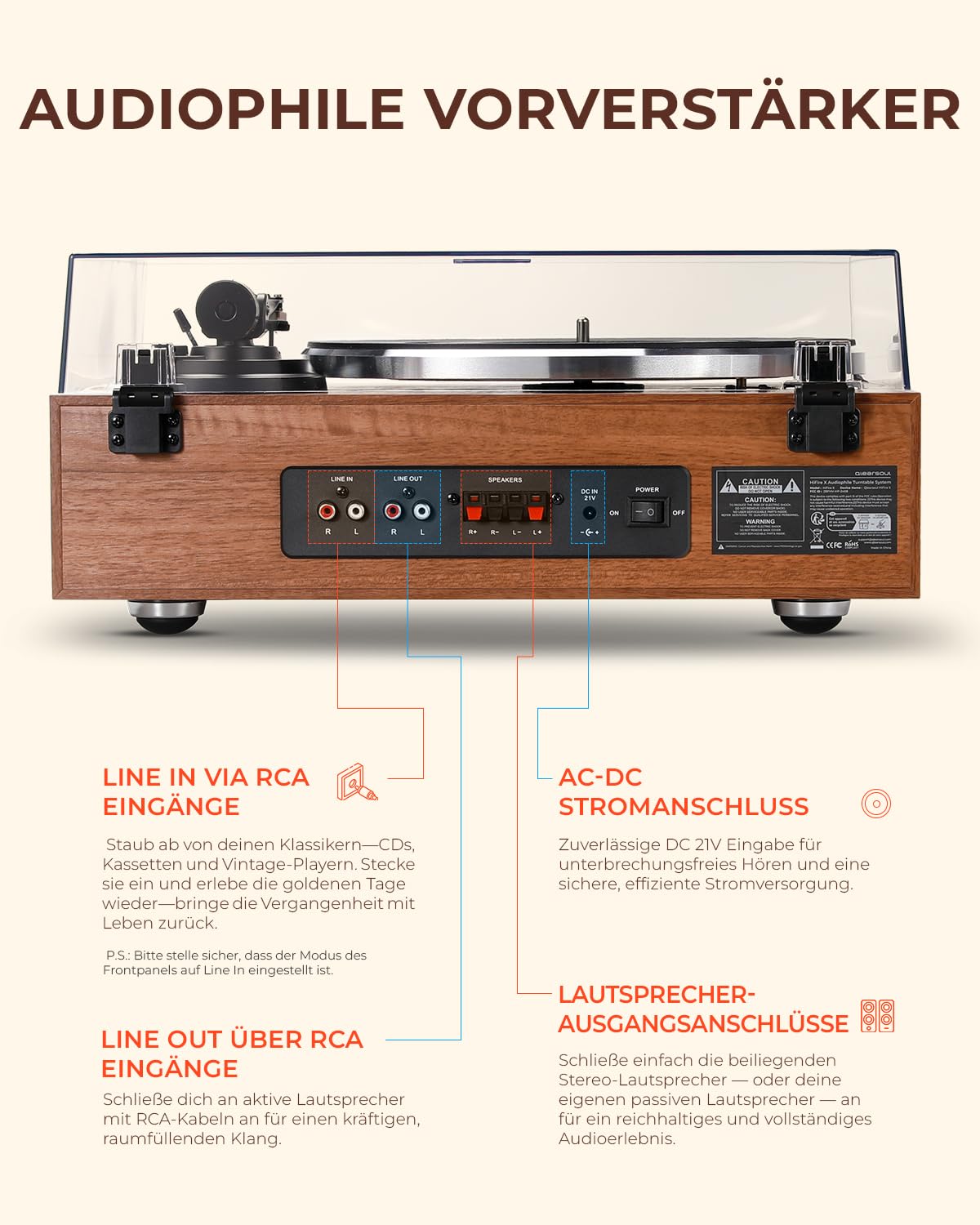 Qlearsoul HiFire X Plattenspieler mit Lautsprechern, Audiophiles HiFi-Turntable-System mit 100W-Regallautsprechern, VU-Meter, DSP-Vorverstärker, 33/45 RPM, RCA LINE IN/Out