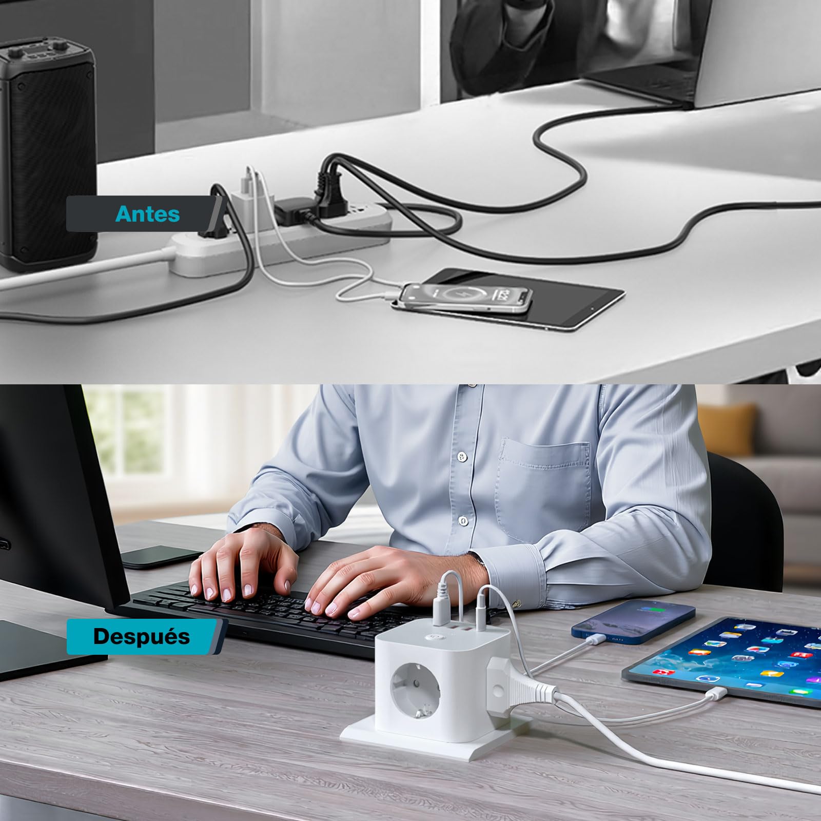 VEFVE Ladrón Enchufes Pared 70W GAN, Cubo Enchufe Múltiple 7 en 1 Sin Cable con Interruptor, Cargador Rápido USB C para iPhone 17, MacBook, Galaxy, Blanco