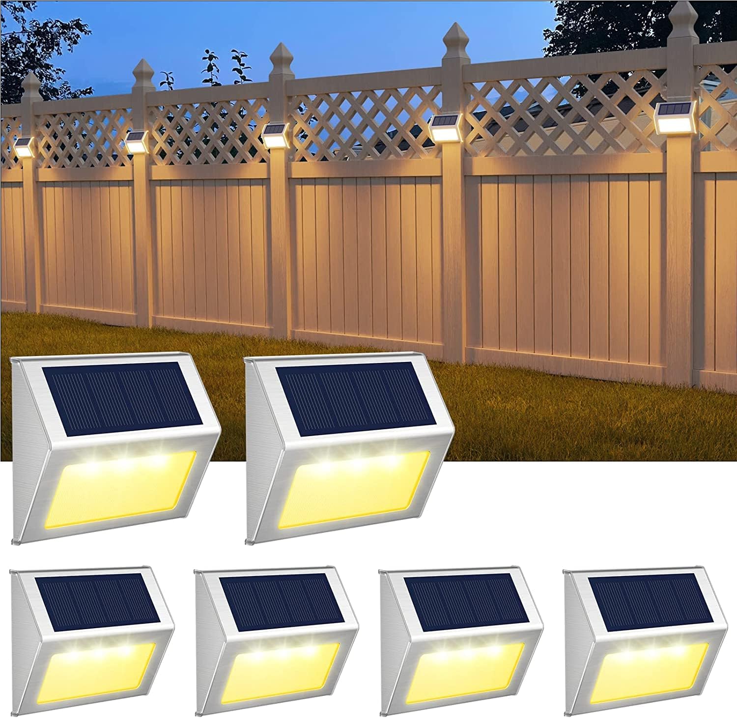 Outdoor Solar Lights, 6Pack Stainless Steel Solar Deck Lights,Solar Powered Lights Waterproof Outside Lights for Garden Backyard Patio Fence Post Stair Step Wall Railing Lighting (Warm White)