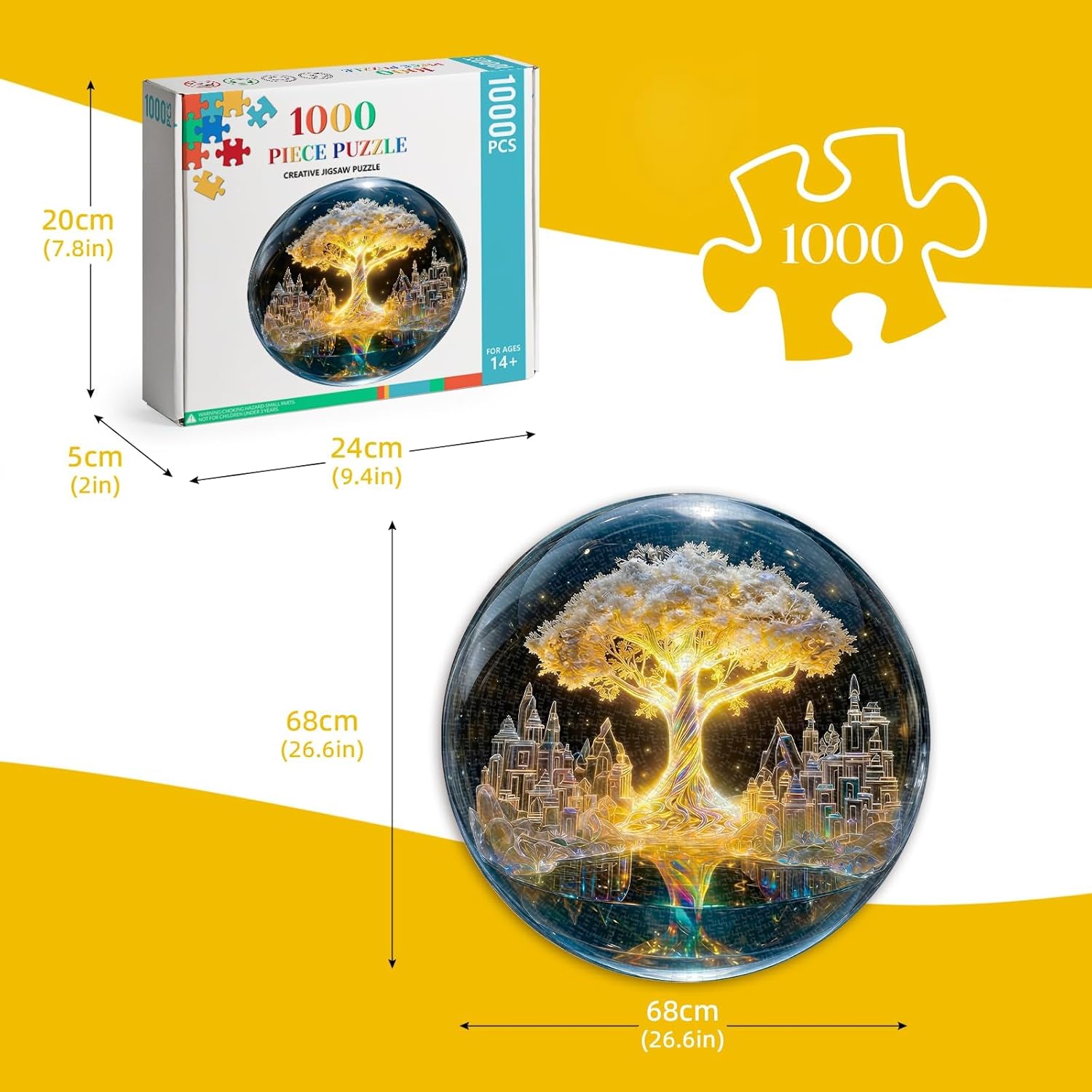 Round Jigsaw Puzzle 1000 Pieces - Tree of Life in Crystal Ball - 26.6" Fantasy Galaxy Design, Neon-Style Aesthetic Art, Mindful Activity Gift for Adults & Teens