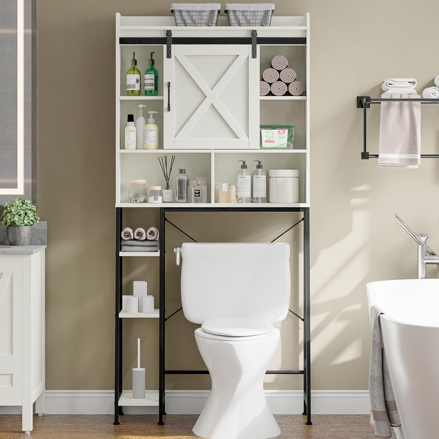 Vabches Over The Toilet Storage Cabinet, Farmhouse Storage Cabinet Over Toilet with Sliding Door & Toilet Paper Holder Stand, Home Space-Saving Toilet Rack for Bathroom, Restroom