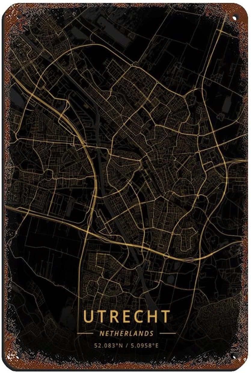 KKPL Designer Art City Maps Gold Utrecht Netherlands Tin Sign Vintage Metal Pub Club Cafe Bar Home Wall Art Decoration Poster Retro 8x12inch(20x30cm)