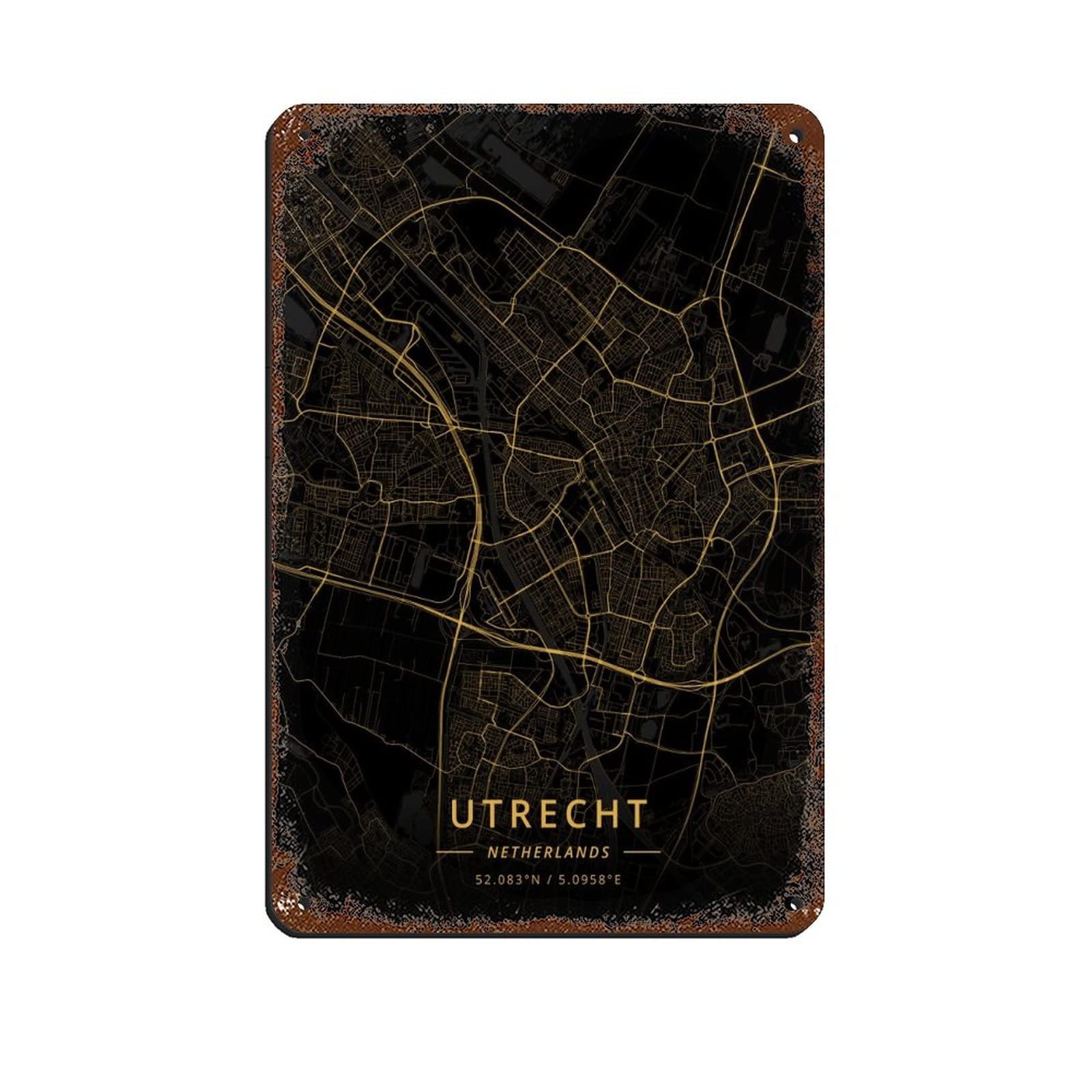 KKPL Designer Art City Maps Gold Utrecht Netherlands Tin Sign Vintage Metal Pub Club Cafe Bar Home Wall Art Decoration Poster Retro 8x12inch(20x30cm)