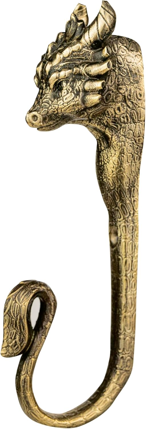 Dragon Brass Wall Hook - Handmade Wall Decor for Home, Office or Studio. Strong Metal Hanger for Coats, Hats, Keys.