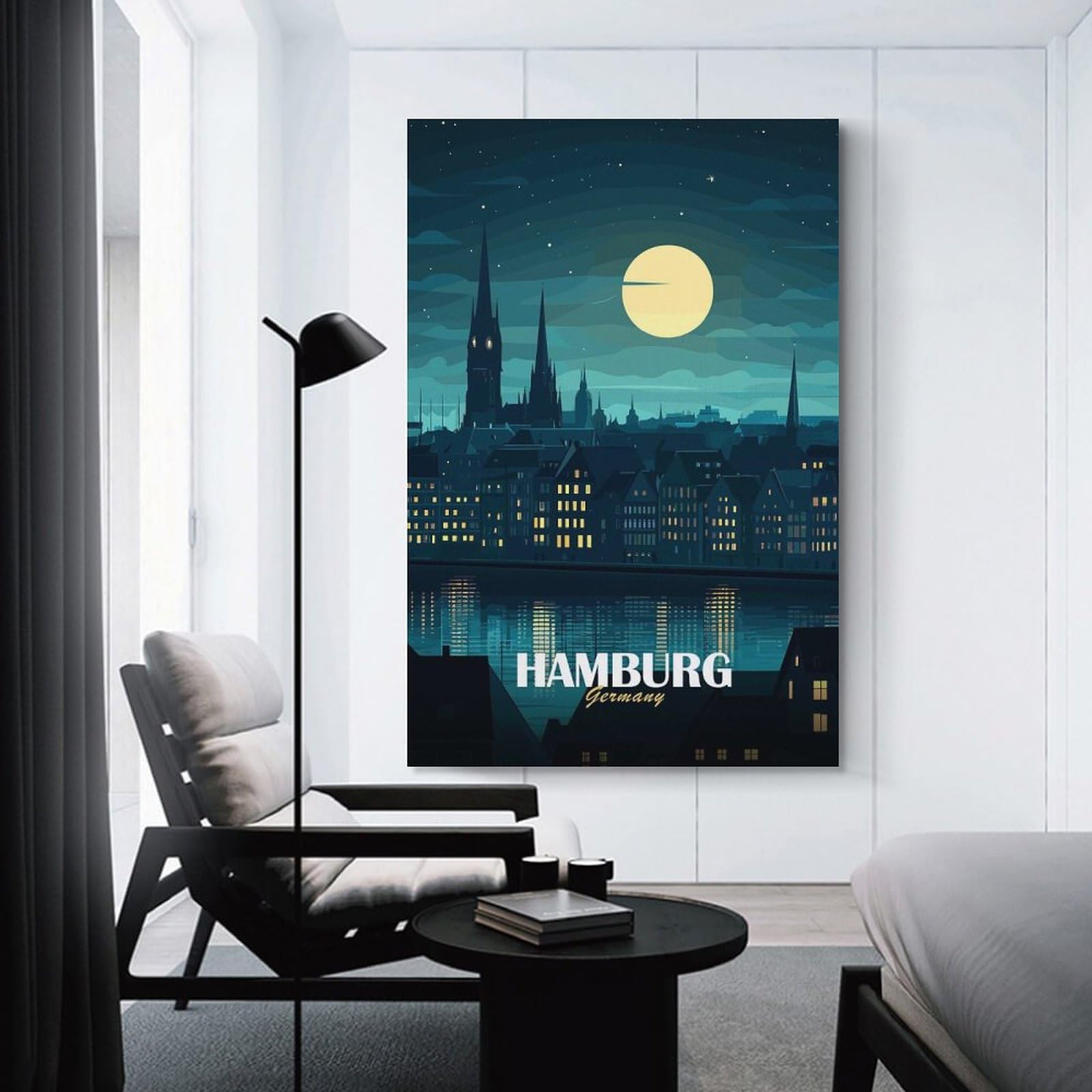Junmoney Decorative Canvas Print Hamburg Germany Night Skyline Illustration, 20x30inch(50x75cm), for New Homes, Bedrooms Or Workspaces, Thoughtful Wall Decor for Art Lovers