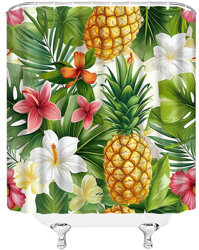 GCTNBJL Tropical Shower Curtain Green Palm Leaves Floral Pineapple Flower Summer Plant Botanical Yellow Red Extra Long Bathroom Home Curtain with Hooks,70" Wx78 H