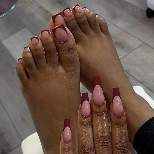 Miniatura 2 de Xcrear - Juego de uñas francesas a presión de color rojo cálido, uñas largas cuadradas y para los dedos de los pies, uñas postizas largas y falsas,