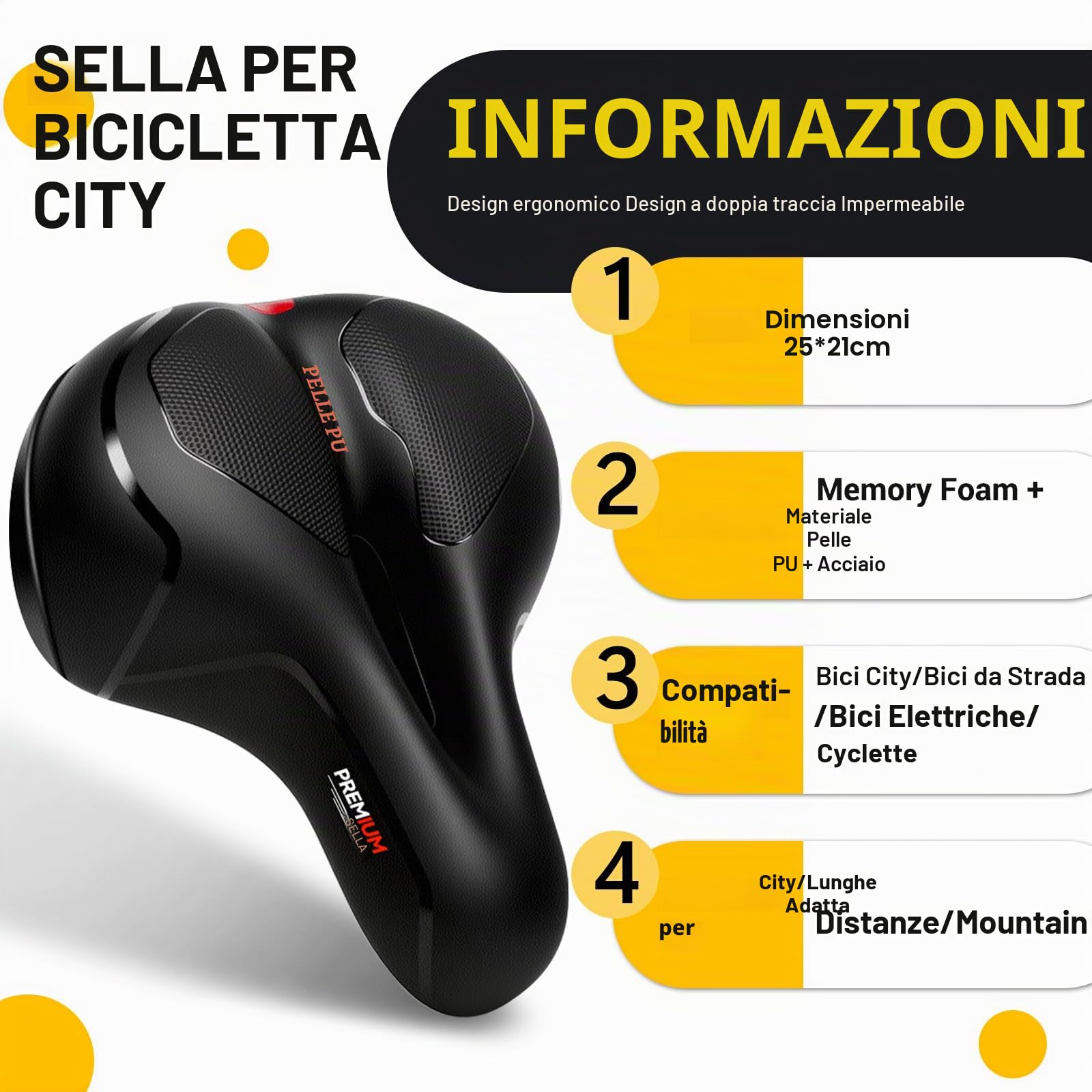 SPGOOD Sella Bici Comoda, Sella Bicicletta Morbida Memory Foam, Ergonomica Traspirante Ammortizzante Con Copertura Impermeabile Bici da Strada City MTB Corsa per Donna Uomo Bambino 25 x 21 cm