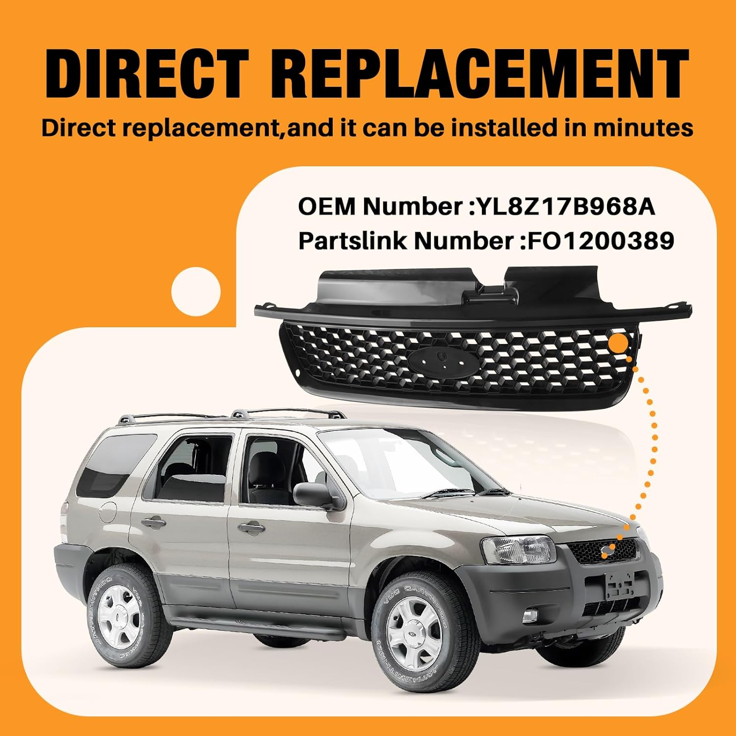 CarPartsDepot Front Grille Grill Replacement New Matte Black Grid Compatible With Ford Escape XLS Model 2001 2002 2003 2004 Fits FO1200389 YL8Z17B968A