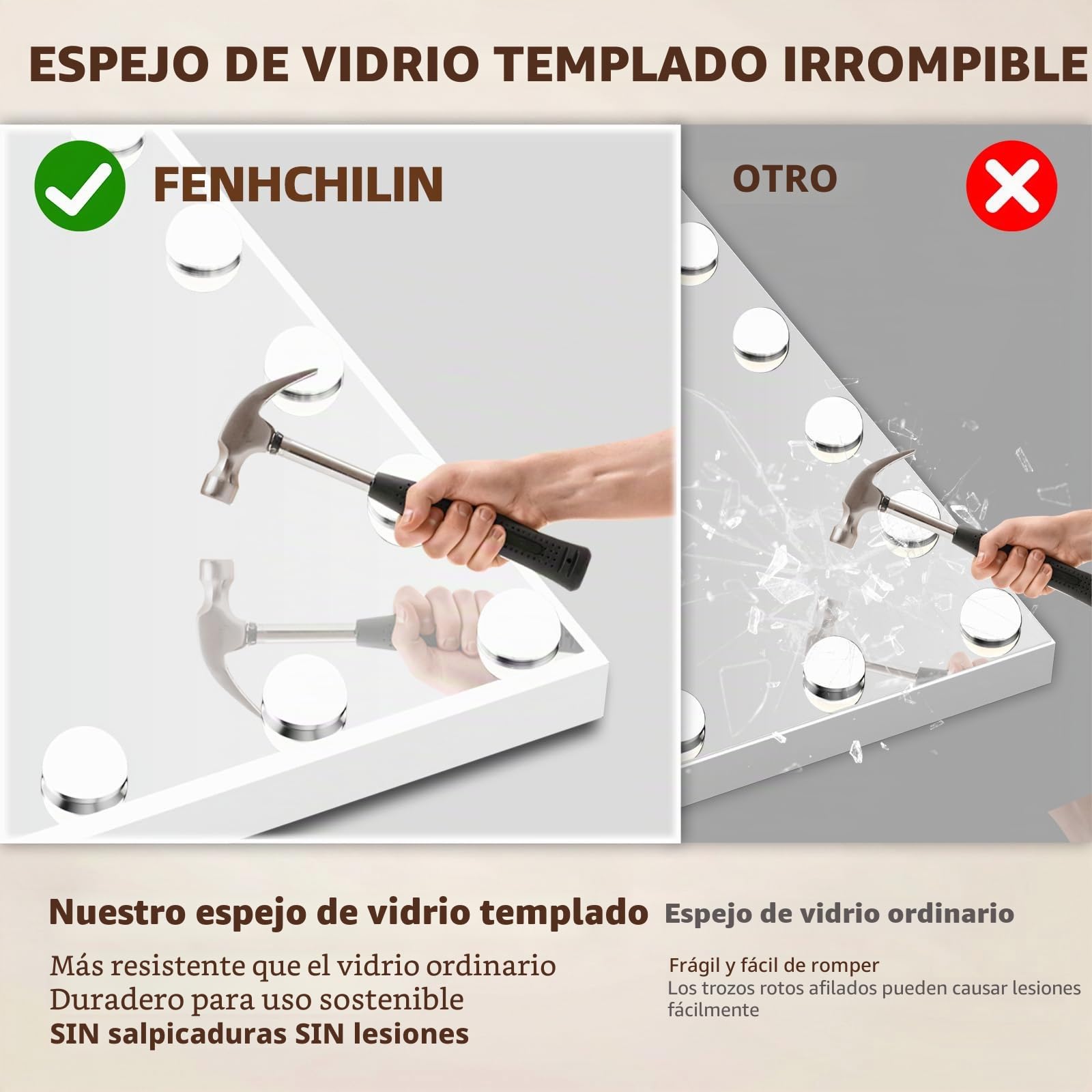 FENCHILIN Espejo Hollywood de Maquillaje con Luz, Tocador con 15 Bombillas LED Rgulables y Puerto USB - Espejo de Pared o Mesa, 58x46 cm