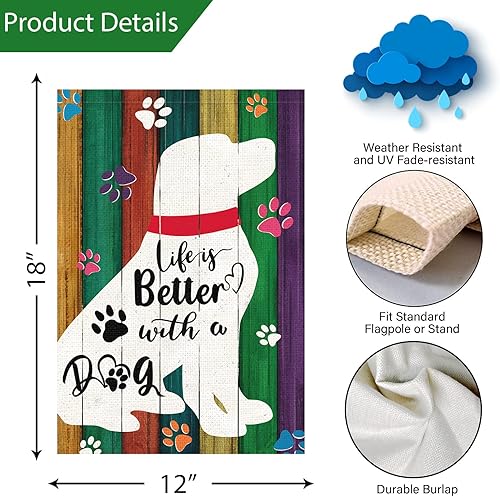 Miniatura 4 de Louise Maelys Life is Better With A Dog Pet - Bandera de jardín de 12 x 18 pulgadas, doble cara, de arpillera con patas pequeñas de granja, letrero
