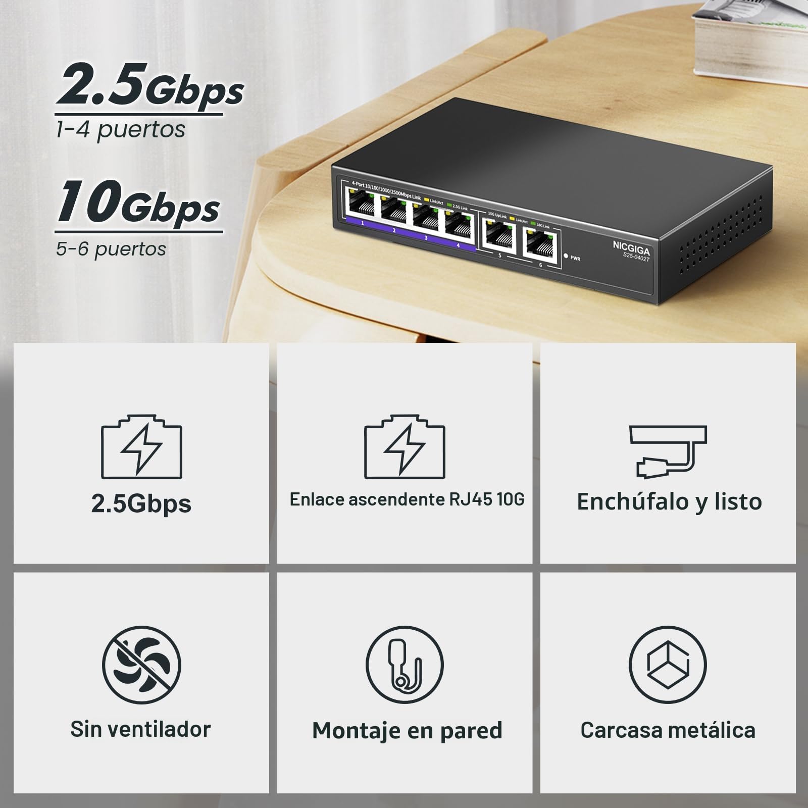 10Gb Ethernet Conmutador no administrado con 2 Puertos 10Gb RJ45 ➕ 4 Puertos 2.5G Base-T. Conmutador de Red NICGIGA de 6 Puertos y 10Gbps para Ap inalámbrico, NAS y PC.