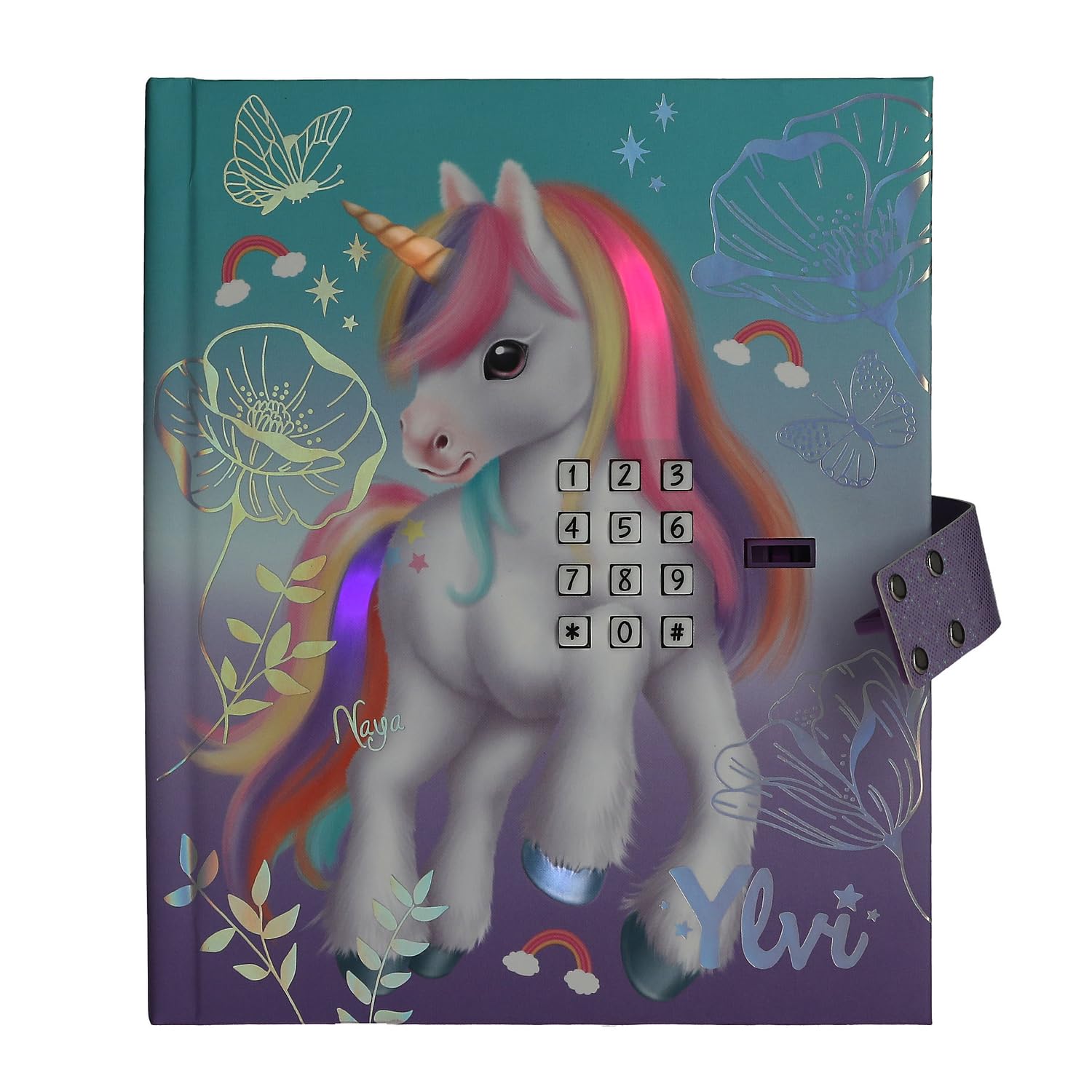 Depesche 13440 Ylvi - Diario con codice numerico, suono e luce, libro in blu e viola, con motivo a unicorno e 192 pagine a righe e illustrate a colori