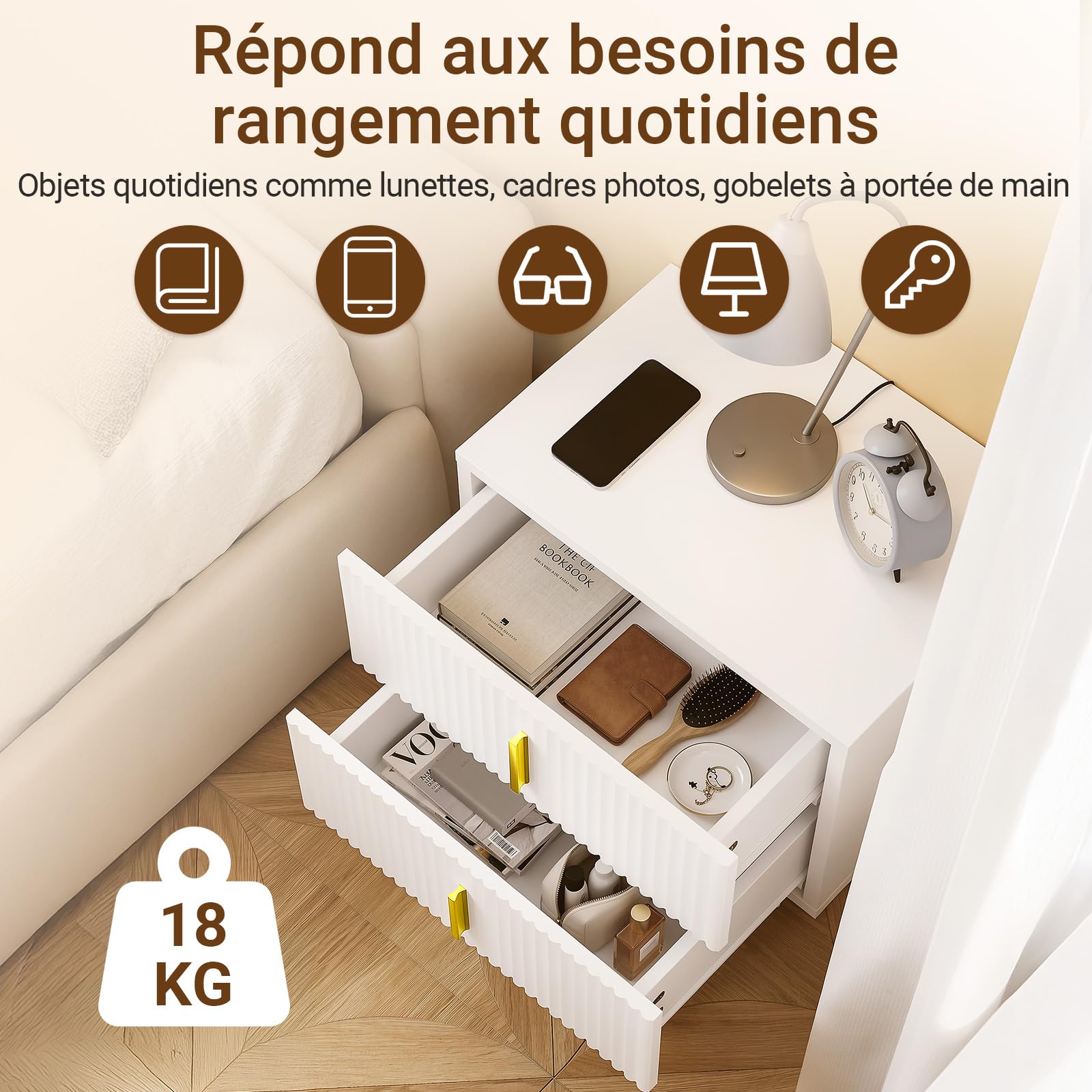 SoBuy Table de Chevet Suspendue Lampe LED détecteur, 2 tiroirs 40x30x30