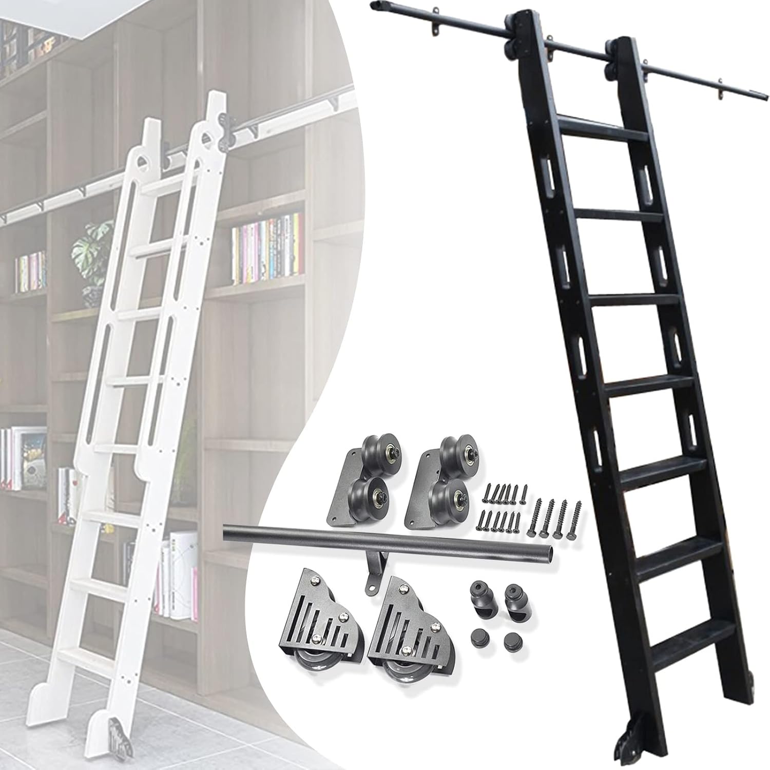 Rolling Ladder Hardware Library Sliding Ladder Kit (No Ladder), Wrought Iron Round Tube Mobile Ladder Track for Home/Indoor/Loft,with Floor Roller Wheel + Extention Track/Rail
