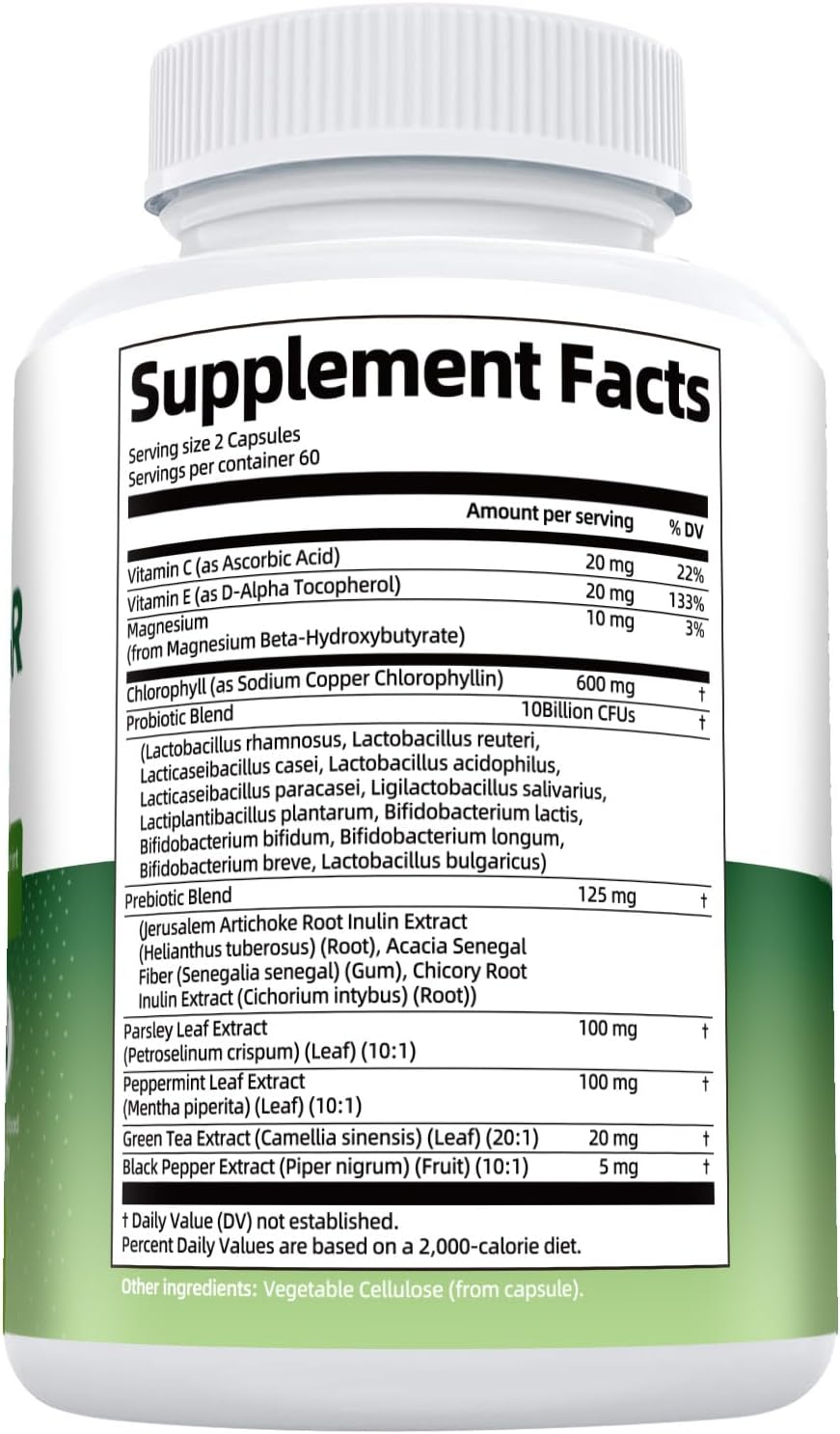Chlorophyll Body Deodorizing Supplement, Chlorophyll Capsules with Parsley & Peppermint, Probiotic, Green Tea, Jerusalem Artichoke, Prebiotic, Supports Fresh Breath & Whole-Body Freshness, 120 Caps - Image 9