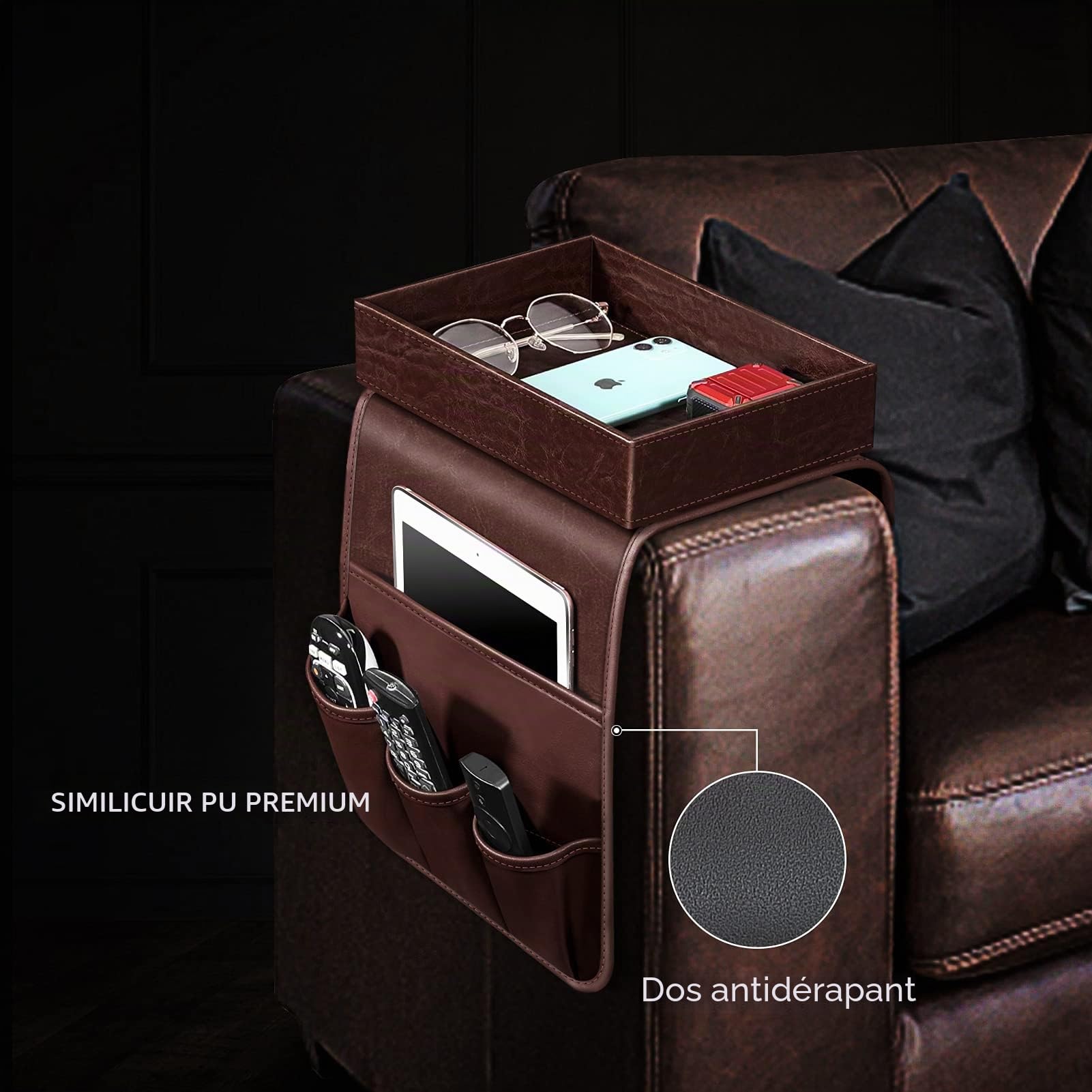 SITHON Canapé Accoudoirs Organisateur avec Plateau amovible, [Antidérapant] Sac de Rangement Canape en cuir PU avec 5 poches pour Tablettes, Magazines, Télécommande, Téléphone, et Livres, (Brun)