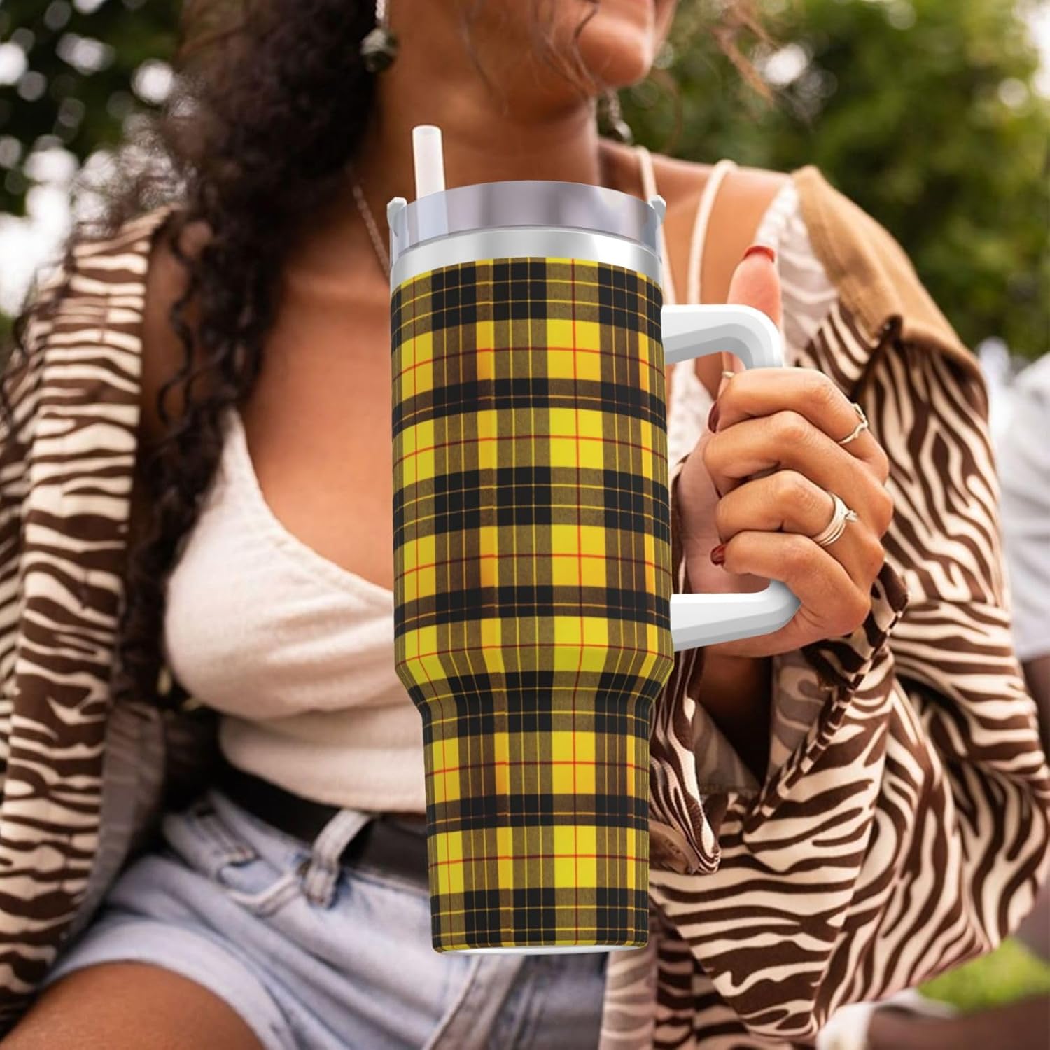 40 OZ Yellow Gray Black Plaid Print Ice Bully Cup with Handle Straw Lid Straw,Stainless Steel Tumbler Coffee Cup