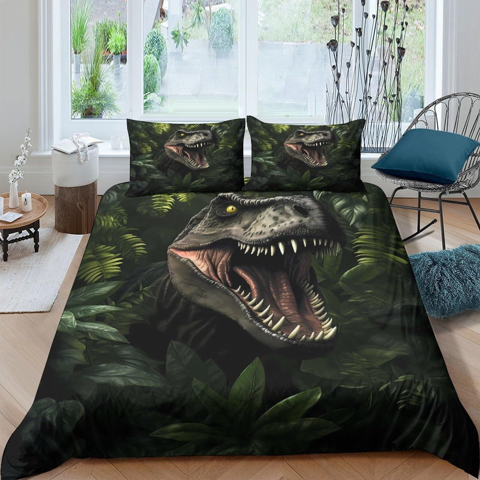 GPLZQXKJNH 3D Printed Dinosaur Jungle Duvet Cover Microfiber Soft Breathable T-Rex Bedding Set with 2 Pillowcases for Bedroom Decor Single（135x200cm）