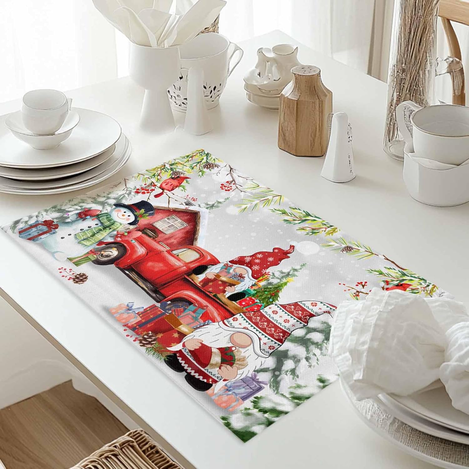 Christmas Truck Dwarf Christmas Placemats Set of 6, Washable Cotton Linen Table Mats for Kitchen Dining Table, Heat Insulation Place Mats for Indoor Outdoor Parties, Holiday Decorations