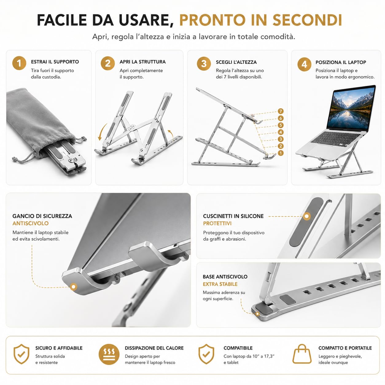 Ali Brothers Supporto per Laptop in Alluminio, Pieghevole e Portatile, Regolabile a 7 Livelli, Antiscivolo, Grigio, Finitura Metallica Anodizzata (supporto da laptop)