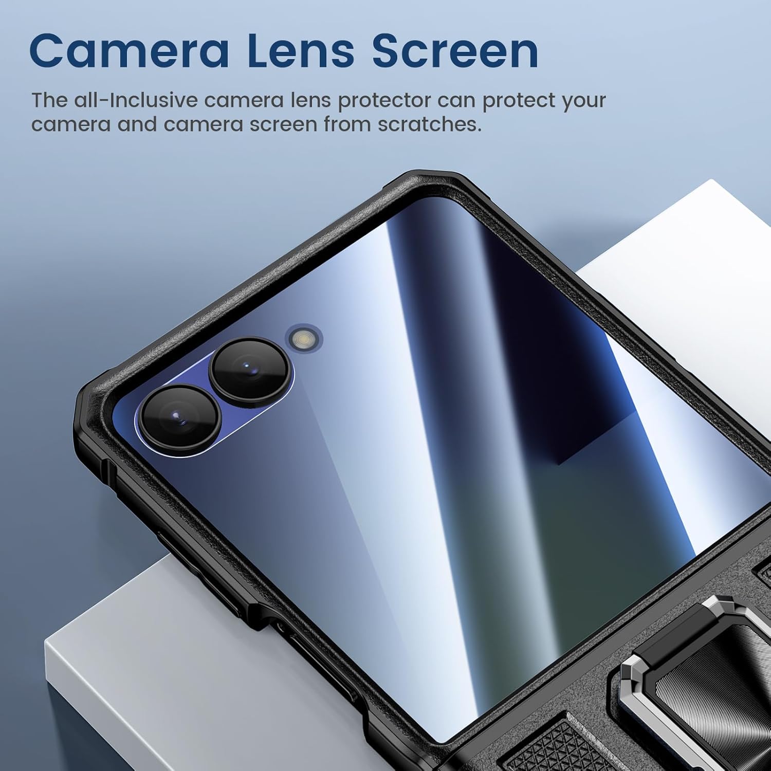 VEGO for Galaxy Z Flip 7 Case, 360° Rotatable Ring Kickstand & Belt Clip Holster & Privacy Camera Screen Protector & Hinge Protection, Shockproof Case for Samsung Flip7 5G - Privacy Black