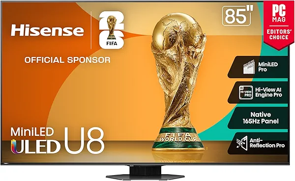 Hisense 85" Class U8 Mini-LED ULED 4K UHD Google Smart TV (85U8QG, 2025 Model) - QLED, Native 165Hz, VRR 288, Up to LD5600, 5000 Nits, HDR10+, Dolby Vision IQ · Atmos, IMAX Enhanced, 4.1.2 Ch Audio
