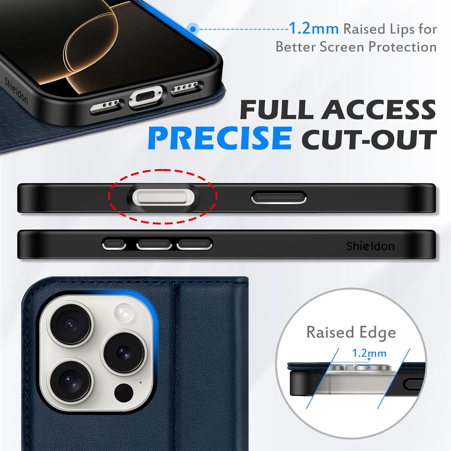 SHIELDON Case for iPhone 16 Pro 5G, Genuine Leather Foldable Wallet Magnetic Kickstand RFID Blocking Card Holder with Shockproof Protective Cover Compatible with iPhone 16 Pro 6.3" - Navy Blue