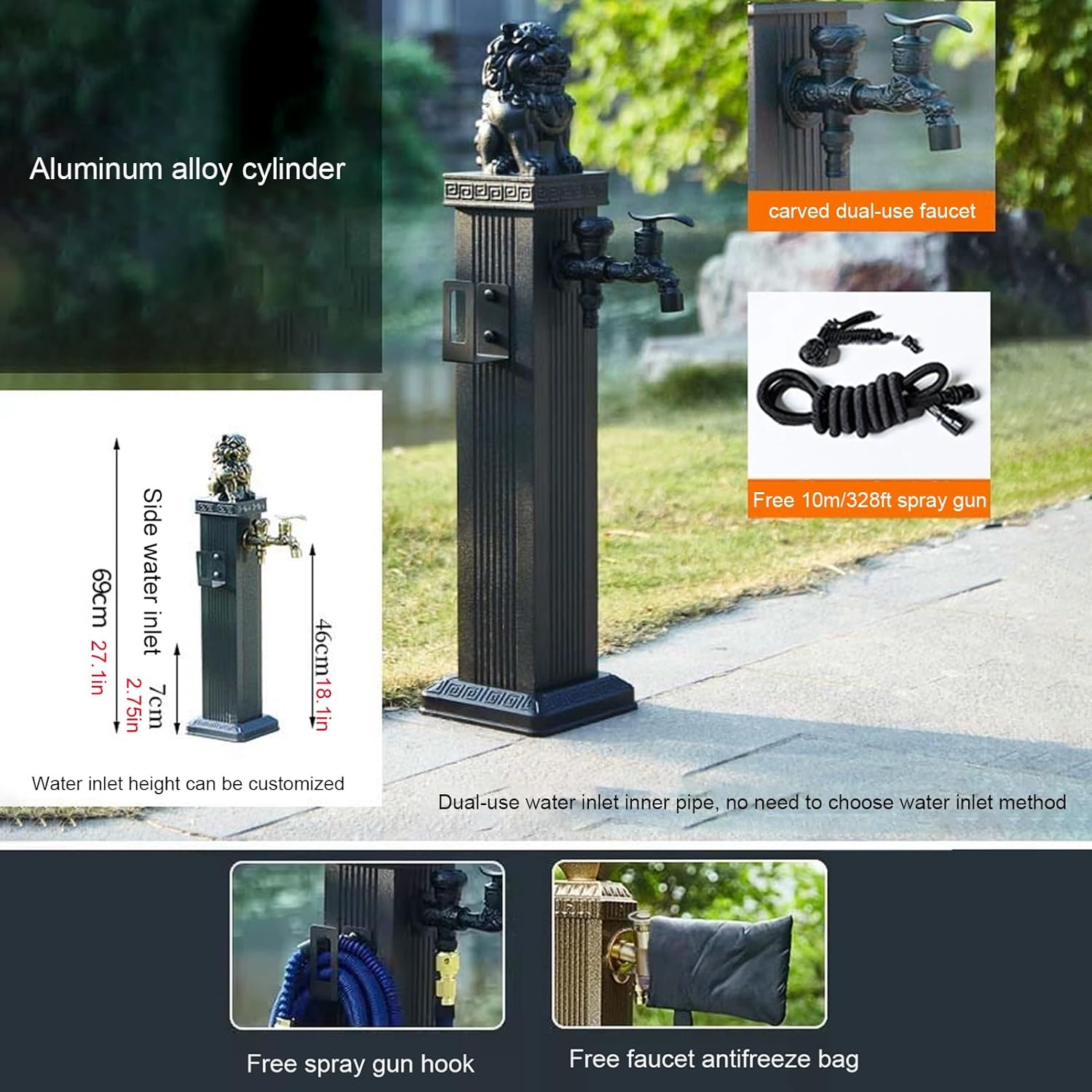 Outdoor Stainless Steel Garden Water Column , Freestanding Hose Stand with Brass Faucet, Floor Mount Water Tap, Water Dispenser Hydrant Water Feature Fountain, for Irrigation/Watering/Car Washing(Blac