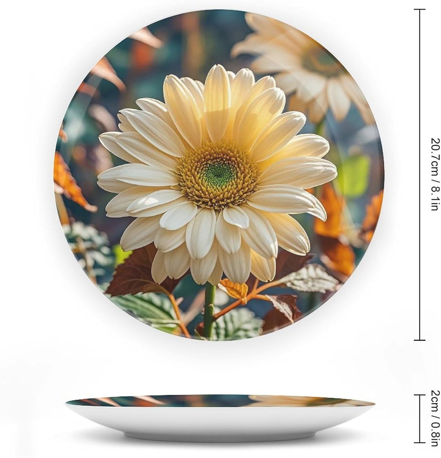 Autumn Flower Leaves Decorative Ceramic Plate Round Porcelain Plate Decor Personalized Bone China Decorative Plates Ceramic Ornaments Dessert Plates with Display Stand 8inch