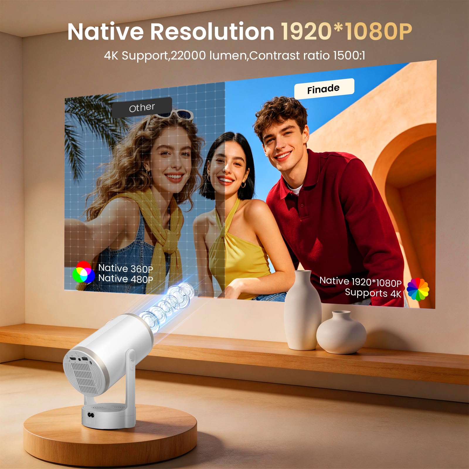 Proiettore Portatile Supporto 4K 1080P, Mini Proiettore Android 12.0 WiFi 6 Bluetooth 5.4, 260 ANSI Lumen, Auto Keystone e Zoom Regolabile, Rotazione a 180°, Schermo 30 a 200 Pollici per Home Cinema