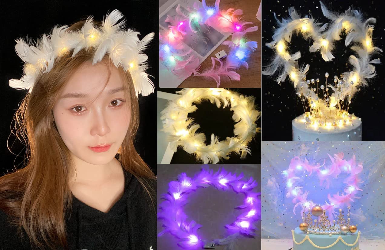 WHSCwp LED Feather Headband - 6-Piece Multicolor Flower Girl Hair Accessory for Birthday & Wedding Party