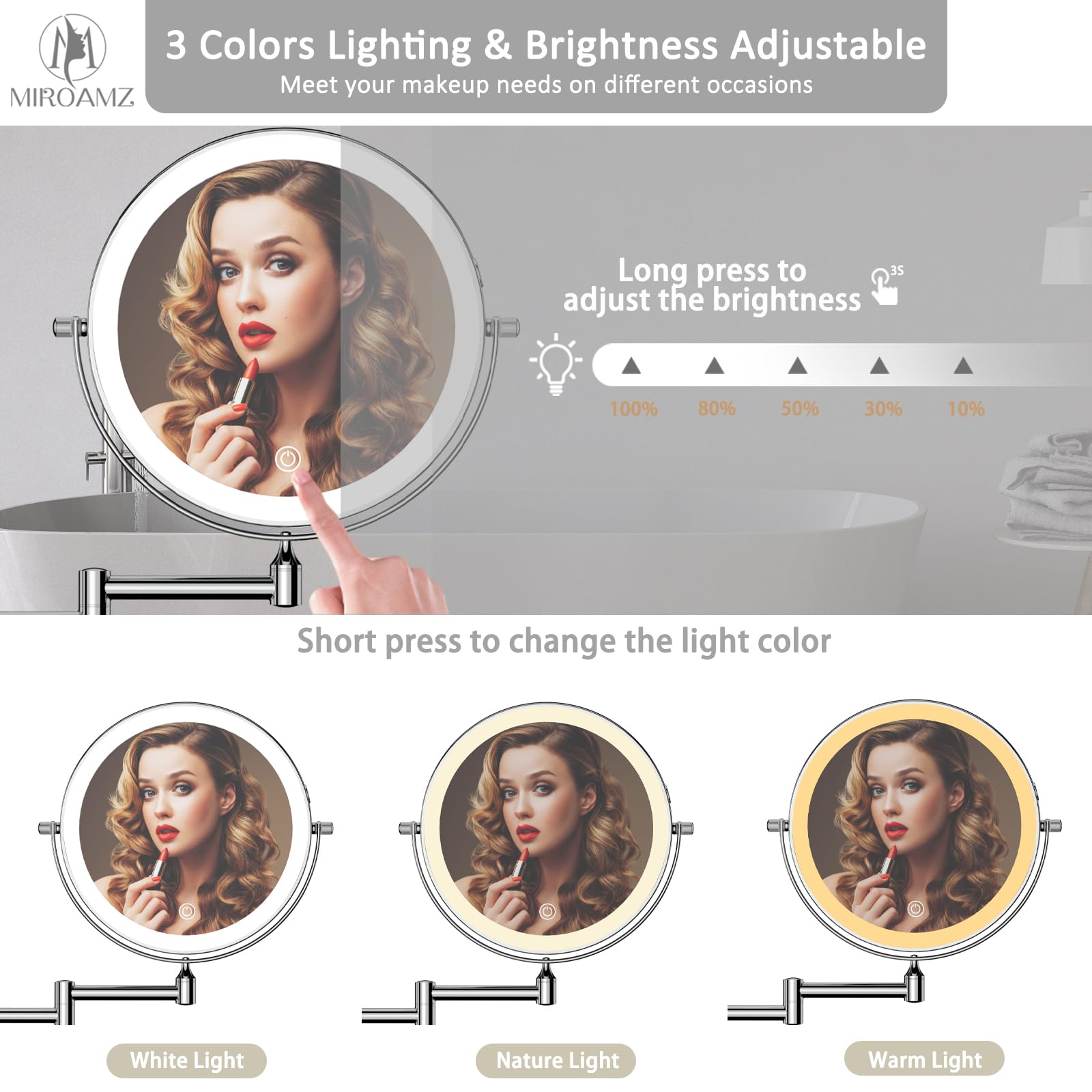 Espejo de cambiador de maquillaje recargable iluminado montado en la pared, 8 pulgadas, doble cara, 1 x 10 aumentos, iluminación de 3 colores, atenuación de visualización táctil, espejo de
