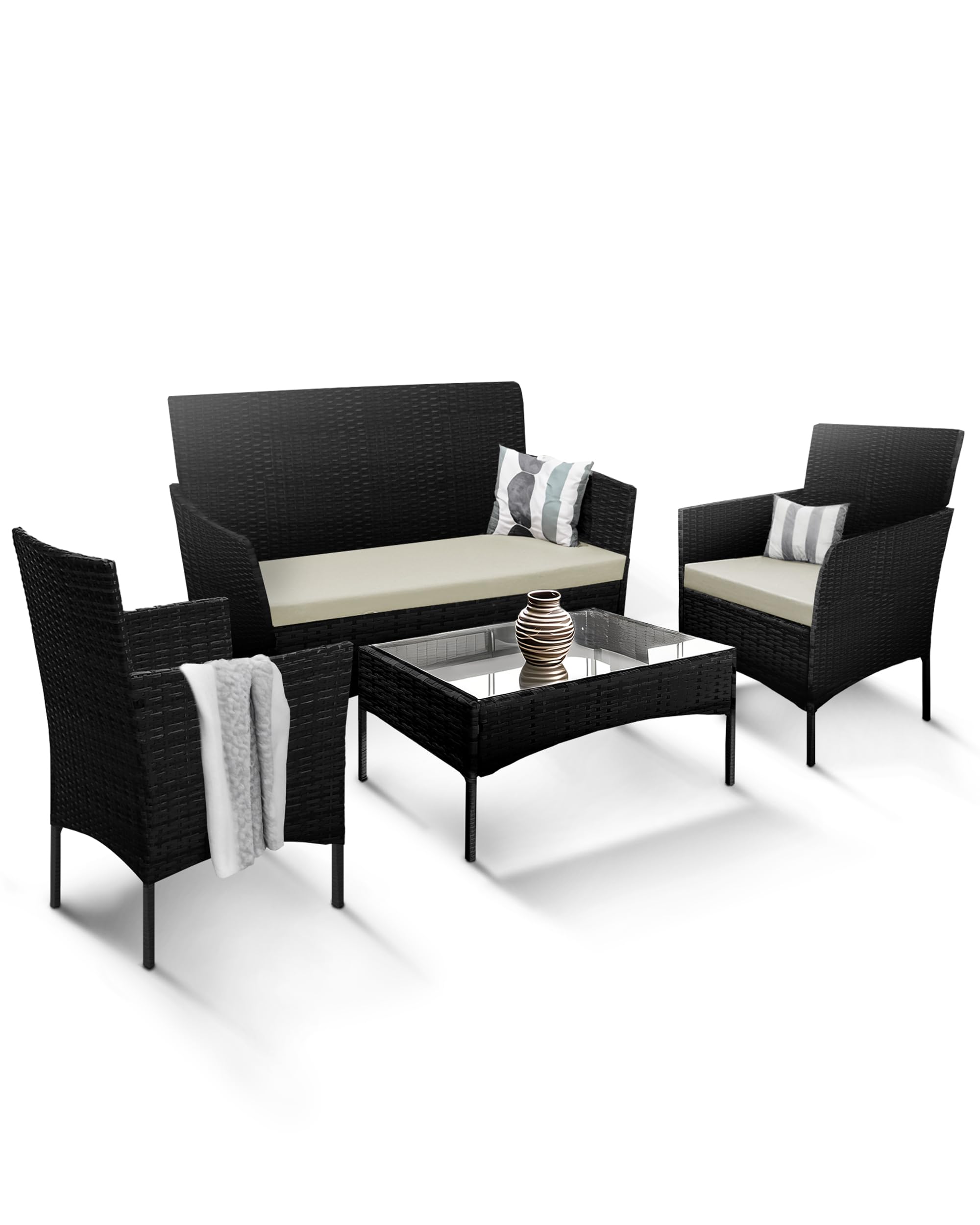 KEPLIN 4 Piece Rattan Garden Furniture Set – Outdoor Sofa, 2 Chairs & Tempered Glass Coffee Table, Durable Weather-Resistant Wicker Patio Lounge Set with Cushions for Garden, Balcony & Patio (Black)