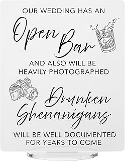 Open Bar Wedding Heavily Photographed Shenanigans - Documented for Years to Come - Wedding Bar Menu Acrylic Sign (10" H x 8" W, Clear)