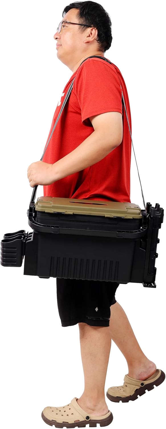 Dual-layer Fishing Tackle Box, Tackle Box Organizer Fishing Box Large, Plastic Portable Tackle Storage Box with 2pcs Rod Holder, 2pcs Cup Holder, 1pc Carring Strap