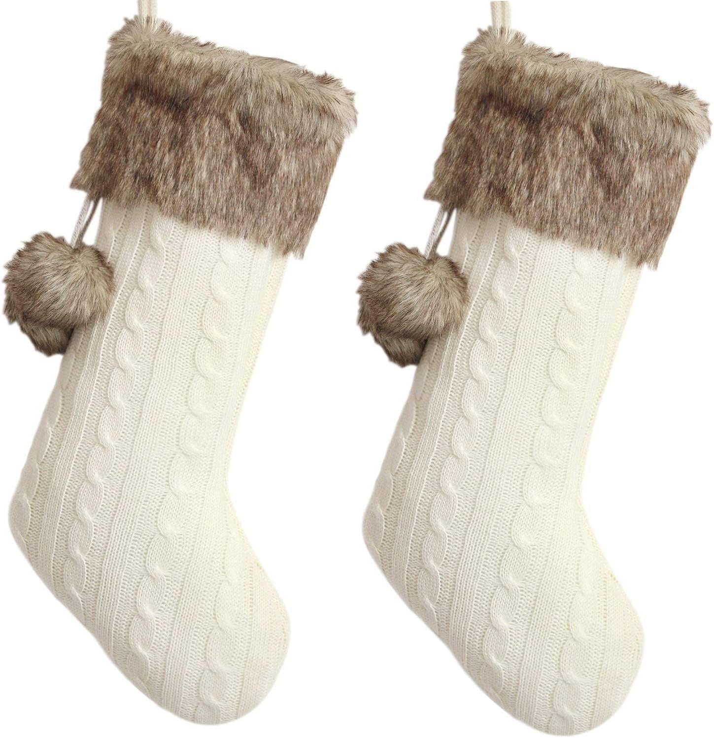 Gireshome Set of Two Ivory Cable Knitted Body, Faux Fur Cuff with Faux Fur Fluffy Pompom Ball Christmas Stocking, Xmas Tree Decoration Festival Party Ornament - 10"x18"