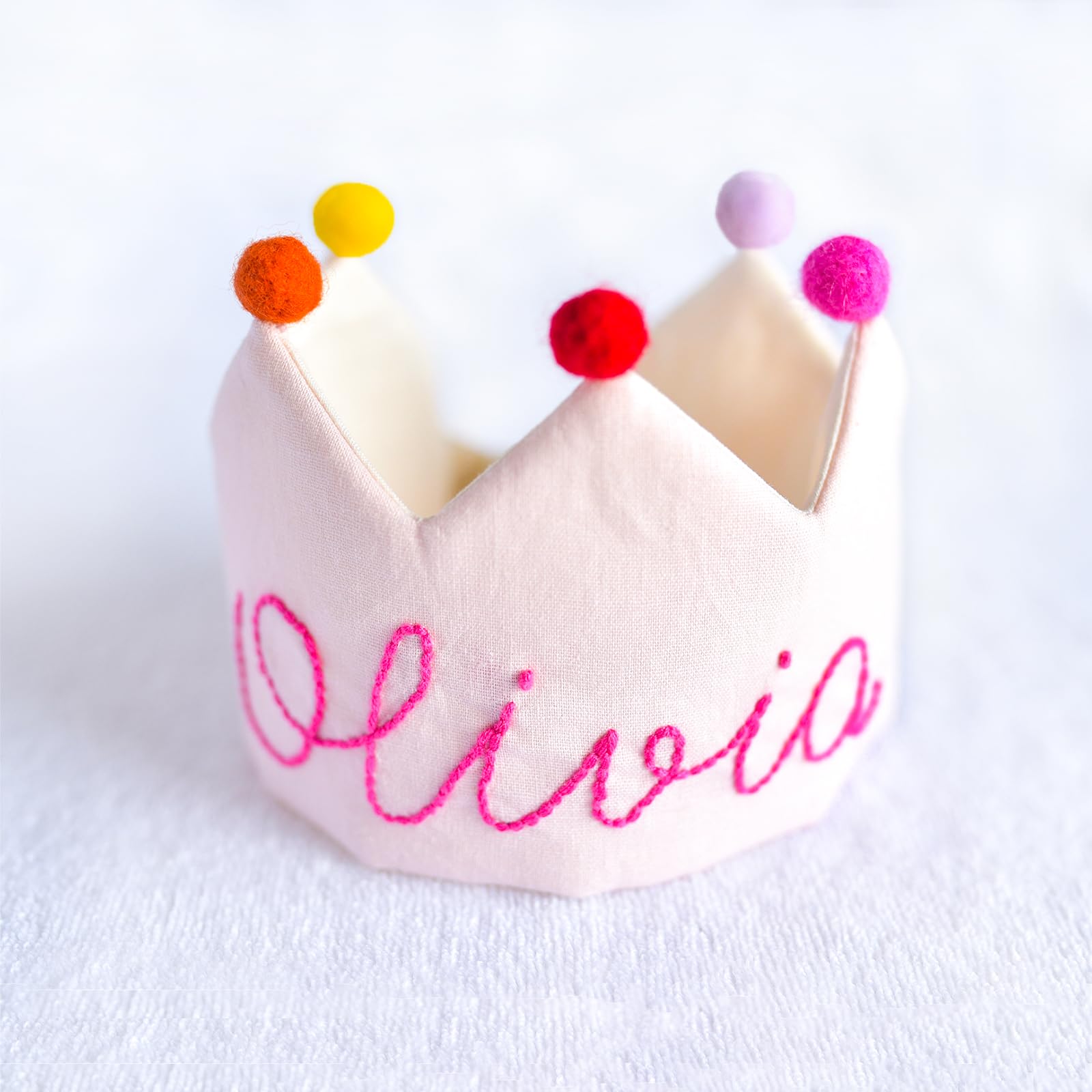 Personalized Hand Embroidered Crown, Customed Birthday Crowns for Kids Birthdays Party, Made 100% Natural Fiber Linen,Decored with Wool Balls,Souvenir for Birthday and Special Occasions,Fit All Ages