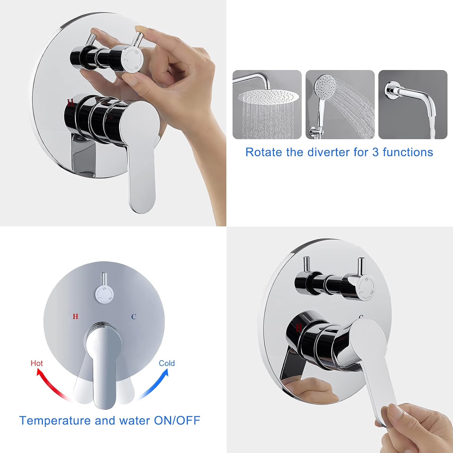 Image showing how to rotate the diverter for 3 functions and how to adjust temperature and water ON/OFF.