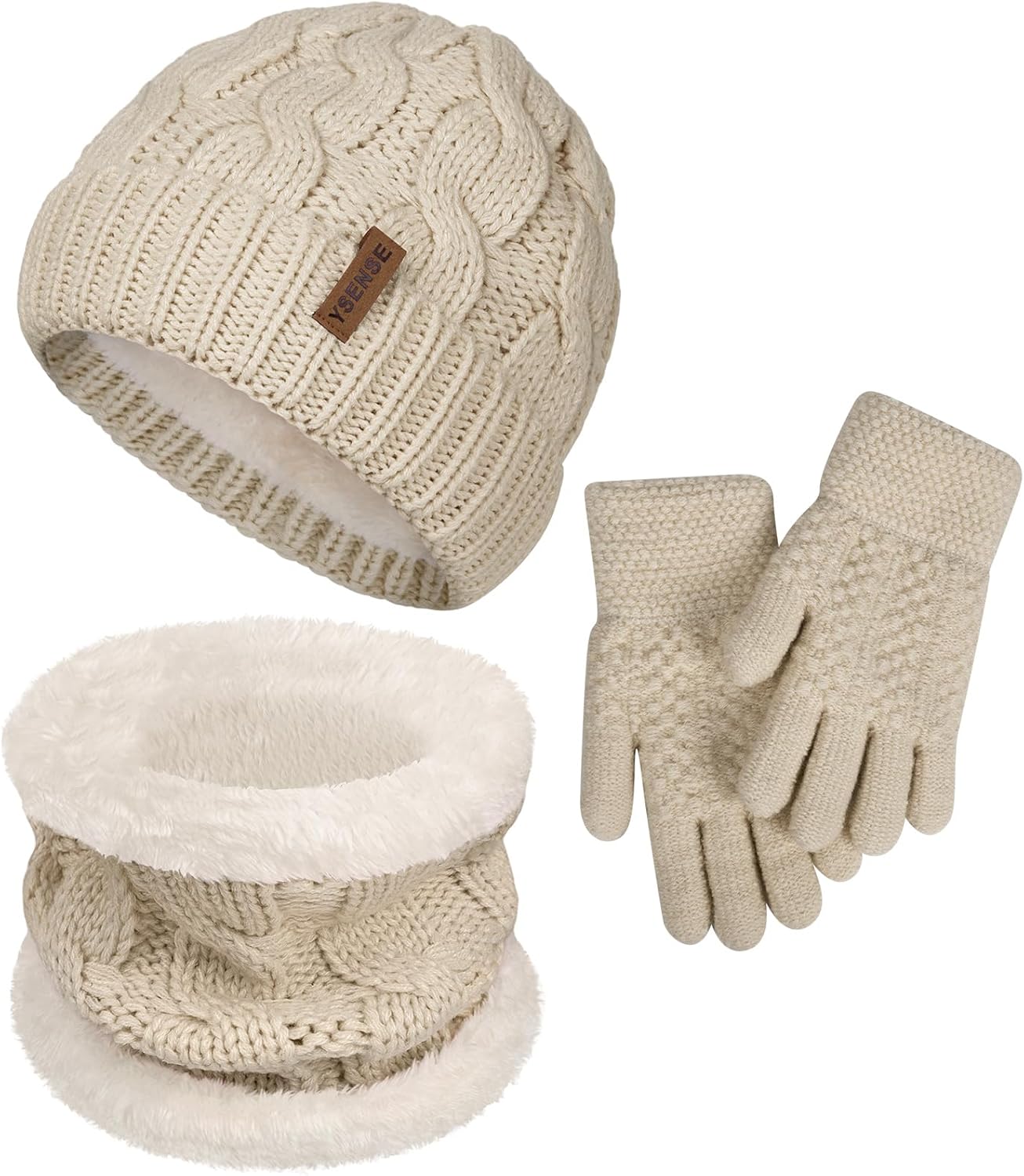 YSense 3 Pcs Kids Winter Beanie Hat Scarf Gloves Set Thick Knit Warm Fleece Fuzzy Lined Beanie Caps Mittens for Boys Girls