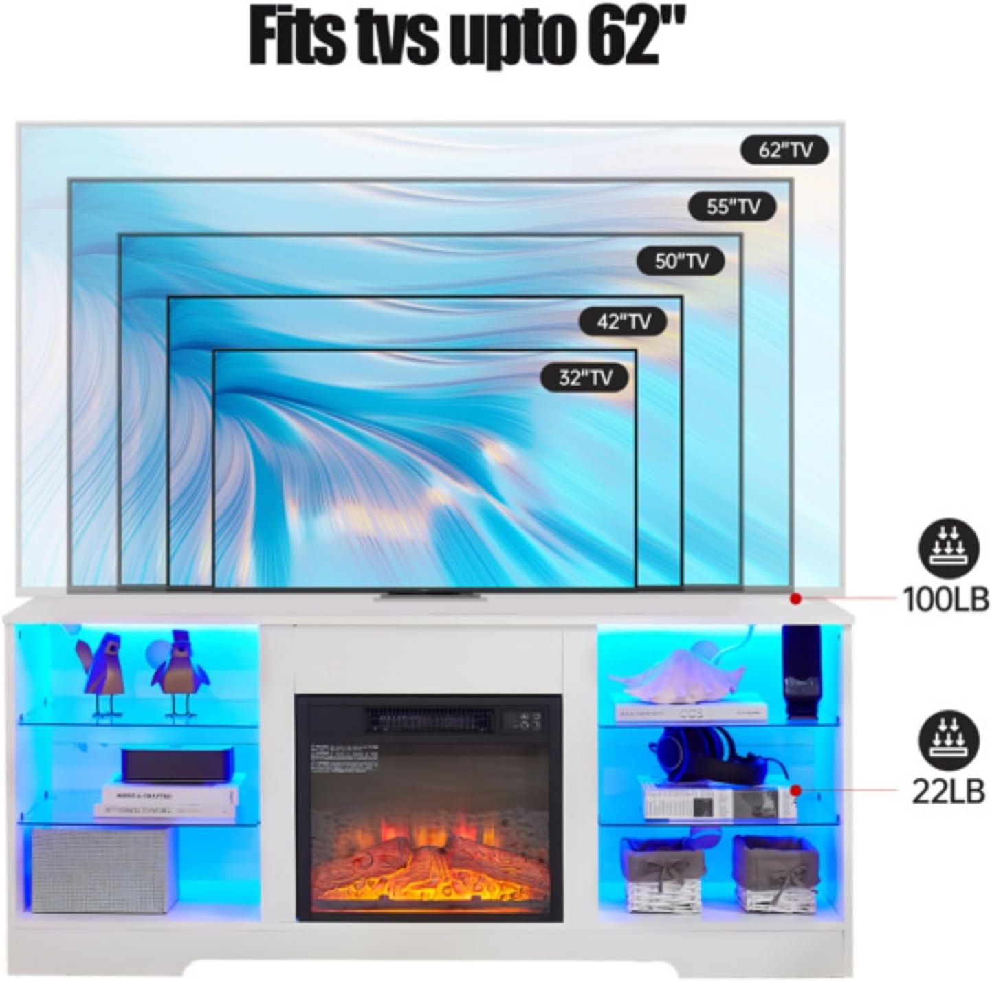 TV Stand, Modern TV Table Center, Electric Fireplace Glass Stand, 3D Fireplace TV Stand with LED Lights, USB Charging Socket, Suitable for TVs Up To 62 Inches, 58''W*15.5''D*24.4H, White