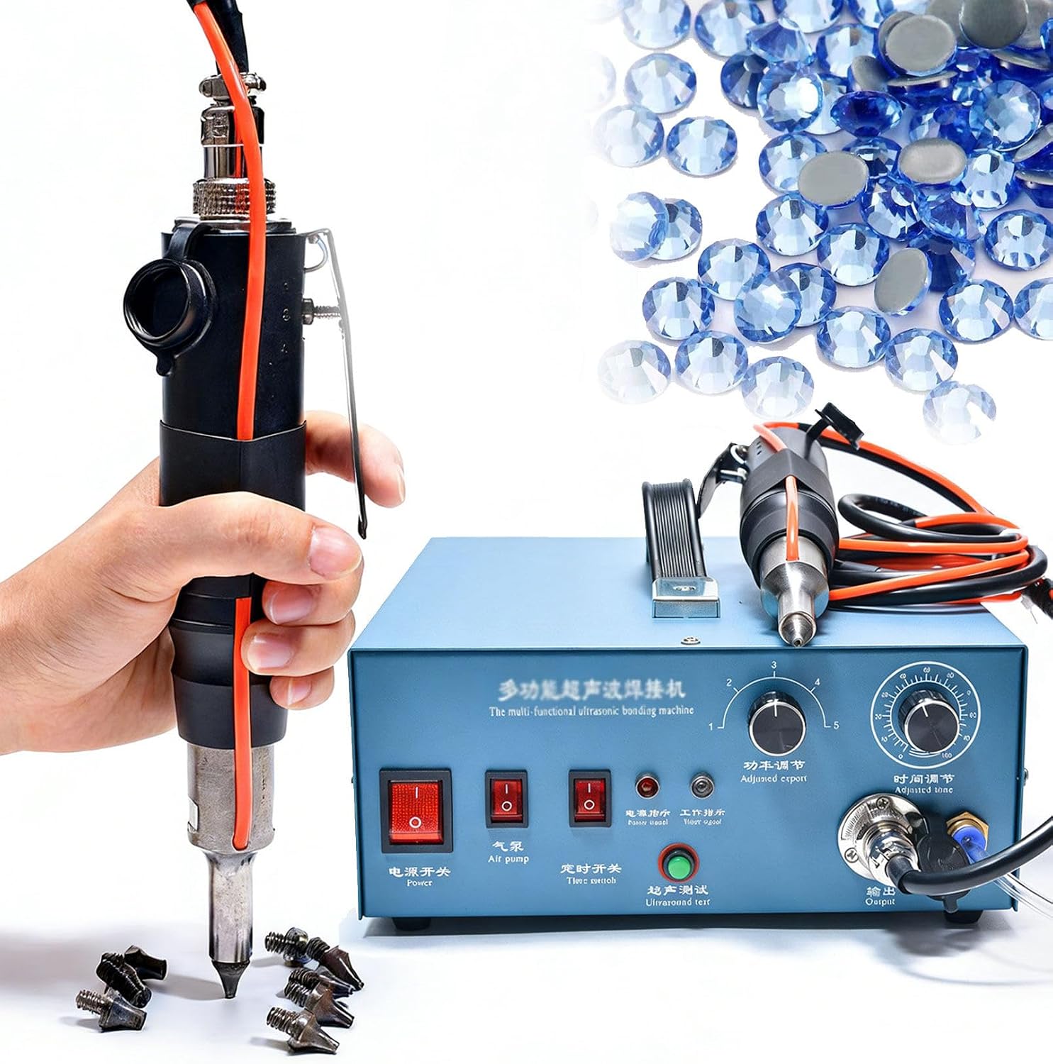 500W Handheld Ultrasonic Rhinestone & Pearl Setting Machine,Hot Fix Applicator,with Self-Contained Vacuum,1–8mm Drill Bits,0.1–0.3s Welding Time,Used for hot-fix Rhinestones,Earring Posts