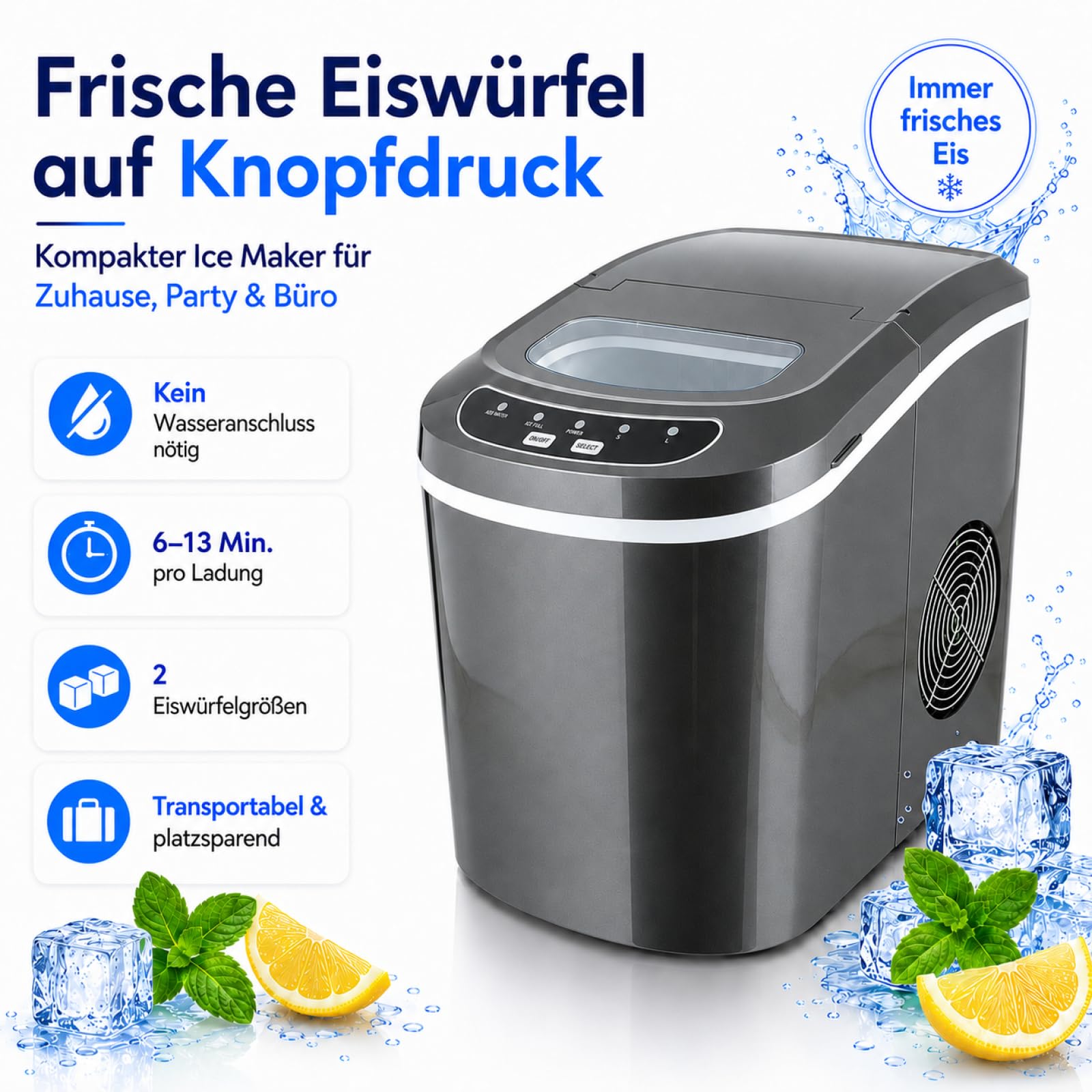 Eiswürfelmaschine Eiswürfelbereiter Eiswürfel Ice Maker EIS Maschine Icemaker (Dunkelgrau)