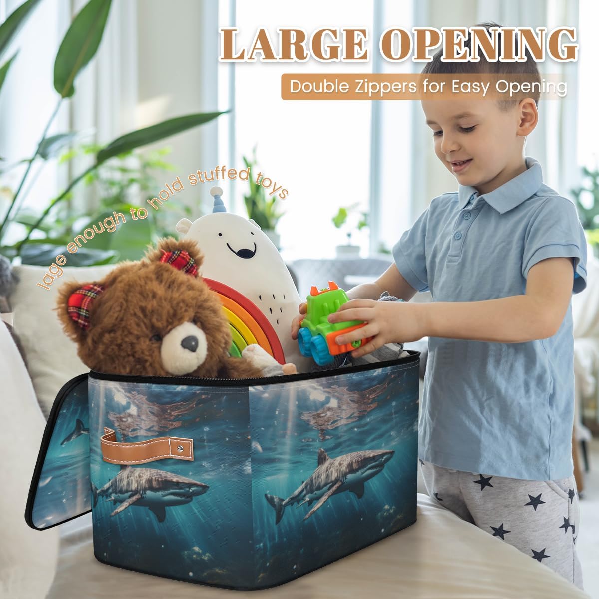 Storage Bin Set of 2 Ocean Shark Storage Basket with Zipper Lid & Handle Foldable Closet Shelf 2 Pack Cloth Organizer Basket Cube Bins Clothes Organizer for Bedroom, Nursery